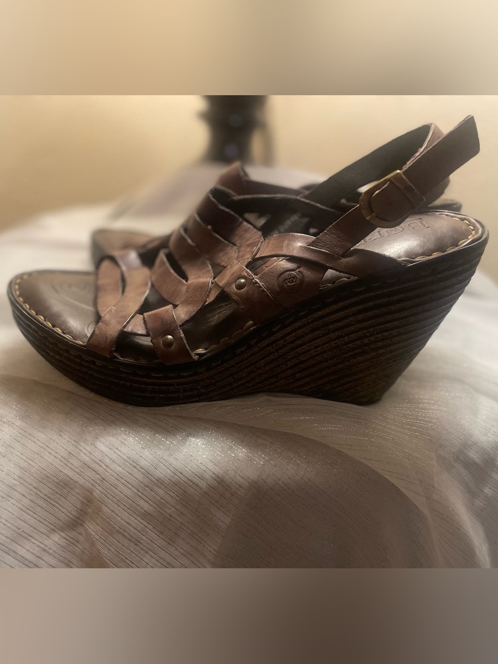 Born Brown Leather Strappy Wedge Sandals
